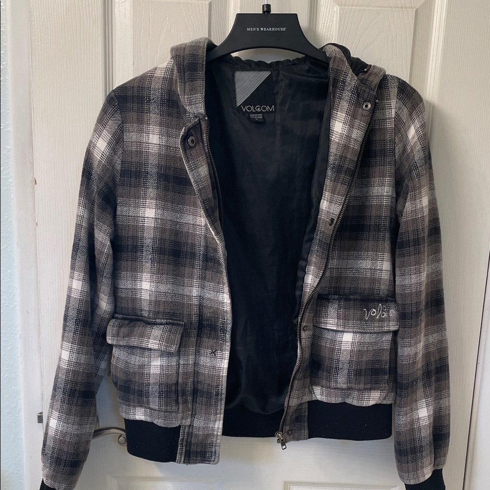 Vintage Volcom Plaid Flannel Hooded Jacket in Black and Gray
